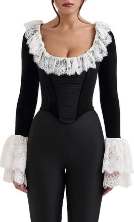 House of CB Jacinda Ruffle Velvet Corset Top in Black at Nordstrom, Size Medium