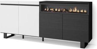 Skraut Home Aparadores Para Sal&oacute;n, Gran Capacidad De Almacenaje, 200x87x35cm, 4 Puertas, Chimenea El&eacute;ctrica, Dise&ntilde;o Industrial, Estilo Moderno, Blanco Y Negro - S