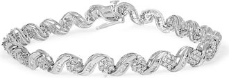 House of Brilliance 10K White Gold 2.00 Cttw Round-Cut and Baguette-Cut Diamond Floral Design Swirl Link 7 Bracelet