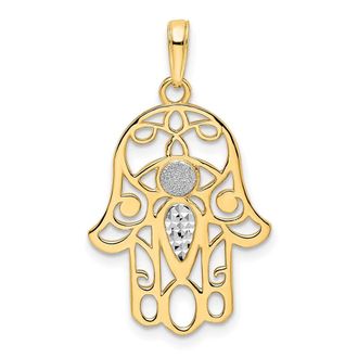 Diamond2Deal 14k Yellow Gold White Rhodium Diamond-Cut Evil Eye Hamsa Pendant