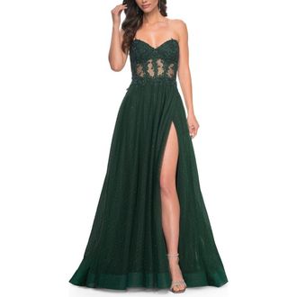 La Femme A-Line Tulle Ballgown with Lace Illusion Bodice in Dark Emerald at Nordstrom, Size 12