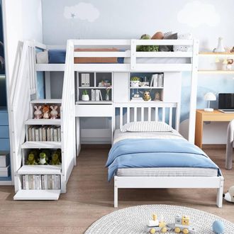 Merax L-Shaped Bunk Bed, 3ft Childrens High Sleeper with Desk & Storage in White | Size: Single