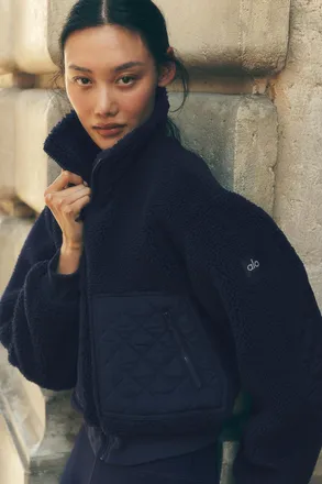 Alo | Sherpa Edge Bomber Jacket in Navy, Size: Medium
