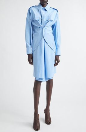 Alexander McQueen Long Sleeve Gathered Cotton Blend Shirtdress in Sky Blue at Nordstrom, Size 10 Us