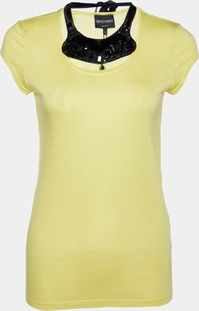 Emporio Armani Yellow Cotton & Modal Embellished Neck Detail T-Shirt M