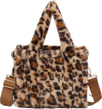 Generic Faux Fur Leopard Print Handbag with Adjustable Black Strap, Plush Shoulder Bag (Brown)