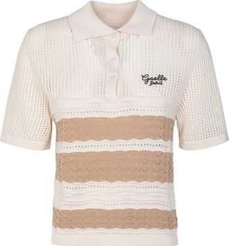 Ga&euml;lle Paris Striped Knit Polo - Dames - Polos - Beige - L - Tops