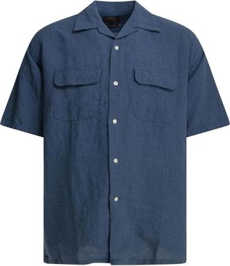 Beams Plus Casual Linnen Shirt - Heren - Korte mouwen Overhemden - Blauw - L - Linnen - Overhemden
