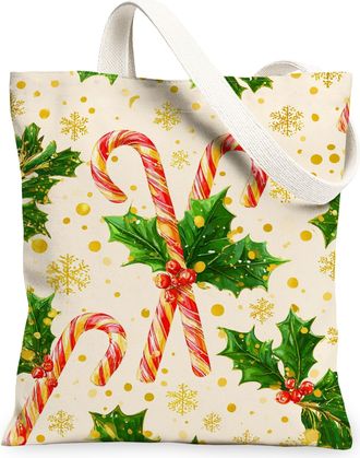 Generic Holiday Canvas Tote Bags, Festive Candy Cane and Holly Design Reusable Shopping Bags, Merry Seasonal Lightweight Washable Shoulder for Gifts Travel Sh