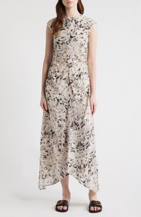 AllSaints Noor Abstract Print Ruched Dress in Canter Ecru White at Nordstrom, Size 12 Us