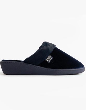 Totes Womens Totes Isotoner SPARKLE VELOUR HEELED MULE Womens Mule Slippers Navy - Blue - Size: 4
