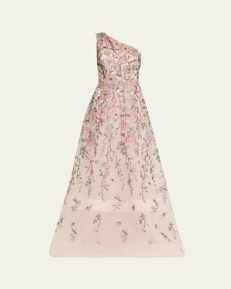 Teri Jon One-Shoulder Embroidered Tulle Gown