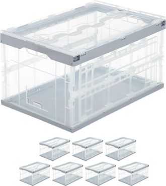 Relaxdays 8 Cajas De Almacenaje Con Tapa Plegables, Pl&aacute;stico, 31.5 X 59.5 X 39.5 Cm, Transparente Y Gris