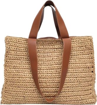 N&uacute;noo Tassen, Dames, Bruin, ONE Size, Katoen, Lichtbruine Raffia Shopper Tas