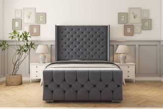 Sloomy Luthor Plush Bed Frame With 50 Upholstered Wingback Headboard in Dark Grey | Size: Small Single