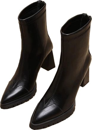 Generic Womens Ankle Boots, Retro Pointed Toe Chunky Heel Short Boots, High Heel Casual Dress Booties with Back Zippers for Business Evening Party (Black,2.5)