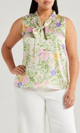 Tahari by ASL Floral Bow Neck Sleeveless Top in Floral Multi at Nordstrom, Size 1X