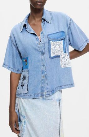 Desigual Patchwork Denim Shirt in Light Blue at Nordstrom, Size X-Large