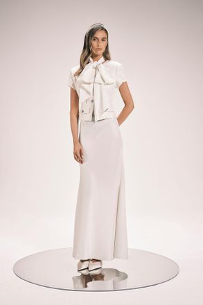 Karen Millen Womens Boucle Tailored Tie Neck Satin Mix Midi Dress - White - Size 16 UK