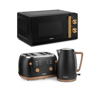VonShef Fika 1.7L Kettle, 4 Slice Toaster & 20L Microwave Set in Black