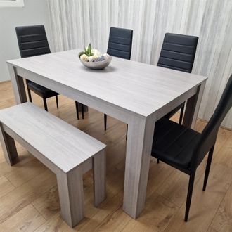 Kosy Koala Modern Grey Rectangle Dining Table Set With 4 Black Metal Chairs & 1 Bench Dining Room Furniture in Brown