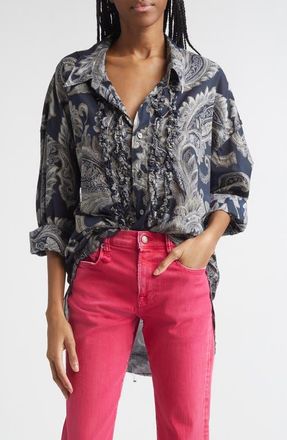 R13 Shredded Seam Ruffle Paisley Print Button-Up Shirt in Black Paisley Multi Print at Nordstrom, Size Medium
