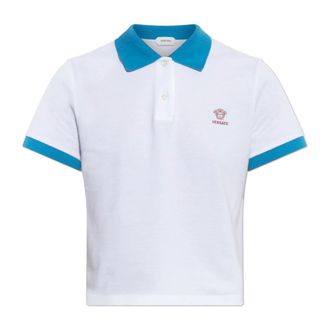 Versace Polo Shirts, female, White, Size: 3XS Embroidered Cotton Piqu&eacute; Polo