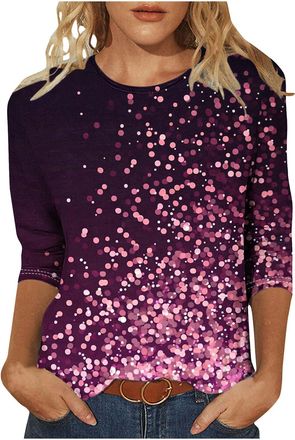 Generic Blouses for Women, Sparkly Tops for Women UK 3/4 Sleeve Top Sequin Glitter Graphics Print Tunic Trendy Casual Evening Party Going Out T-Shirt Pullover