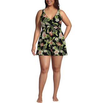 Lands End SlenderSuit V-neck Wrap Swim Dress One Piece Swimsuit Adjustable Straps in Hibiscus Floral/black at Nordstrom, Size 24W