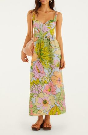 Farm Rio Spring Affair Floral Print Linen Maxi Dress in Green Multi at Nordstrom, Size Xx-Small