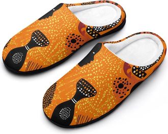 Generic African Woman Traditional Pattern Mens Slippers Slip On Comfortable Fleece Cotton House Shoes Winter