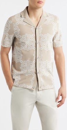 Reiss Gabriel Jacquard Cotton Blend Knit Camp Shirt in Champagne/White at Nordstrom, Size Xx-Large