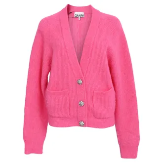 Ganni Ganni Knitted Crystal Buttoned Cardigan in Pink Wool