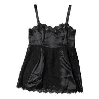 Dolce & Gabbana Sleeveless Tops, female, Black, Size: S Silk Lace Trim Lingerie Top