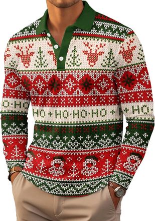 Generic Unisex Christmas Long Sleeve Polo Shirt, Polyester Button Down Collar, Relaxed Fit, Casual Sport Golf Wear, Modern Style, Machine Washable (UK, Alpha,
