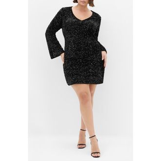 City Chic Paislee Sequin Long Sleeve Dress in Black at Nordstrom, Size Xxl