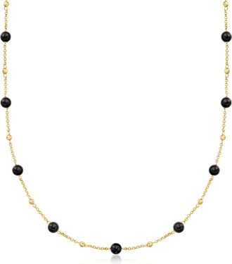 Ross-Simons Italian 6mm Onyx Bead Station Necklace in 18kt Gold Over Sterling