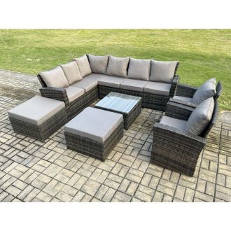 Fimous 10 Seat Rattan Garden Furniture Corner Sofa Set Outdoor Patio Sofa Table Set with 2 Big Footstool Dark Grey Mixed - Fimous