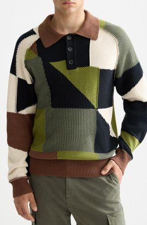 Scotch & Soda Pieced Patchwork Polo Sweater in Zigzag Patchwork at Nordstrom, Size Small