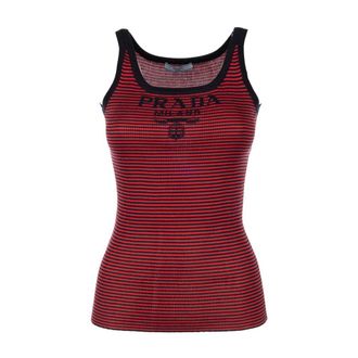 Prada Sleeveless Tops, female, Multicolor, Size: L Logo Embroidered Knitted Tank Top