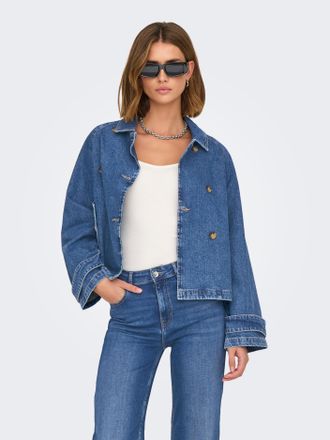 Only Jeansjacke ONLY ONLAPRIL SHORT DNM TRENCH AKM, Damen, Gr. XS (34), blau (medium blau denim), Web, Obermaterial: 100% Baumwolle, unifarben, taillenbede