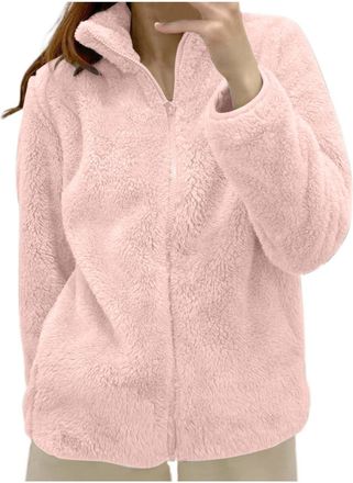 Generic Womens Fleece Jacket Ladies Lightweight Warm Full Zip Coat Fall Winter Soft Cozy Style Teddy Fleece Coats Solid Color Layering Tops Jacket for Leisure