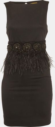 Alice & Olivia Alice + Olivia Black Feather Trim Crepe Marigay Rosette Mini Dress