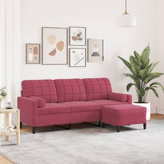 vidaXL Vidaxl - Sof&aacute; De 3 Plazas Con Taburete De Terciopelo Rojo Tinto 180 Cm
