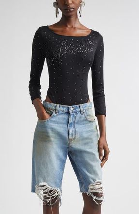 Area Ballerina Crystal Embellished Logo Pointelle Bodysuit in Black at Nordstrom, Size X-Large