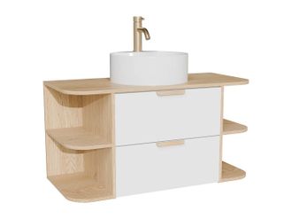 Vente-Unique Mobile Bagno Sospeso Con Nicchie, Lavabo Da Appoggio Rotondo E Rubinetto Bianco E Naturale Chiaro L100 Cm - Avoreli