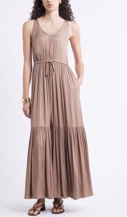 Nordstrom Sleeveless Satin V-Neck Maxi Dress in Tan Portabella at Nordstrom Rack, Size Xx-Small