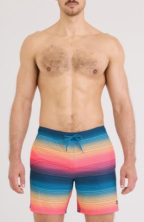 Saxx Oh Buoy 2N1 7-Inch Volley Swim Trunks in Hazy Stripe-Sunset at Nordstrom, Size X-Large