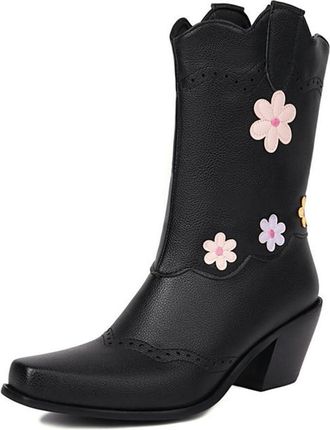 Generic Womens Western Cowgirl Ankle Boots with Colorblock Floral Embroidered Square Toe Low Block Heel Pull On Fashion Shoes (Black,7.5)