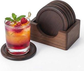OEM Juego De 5 Posavasos Cl&aacute;sicos De Nogal Oscuro Con Soporte - Madera Natural Con Textura Aut&eacute;ntica - Decoraci&oacute;n Para Mesa De Comedor Y Escritorio